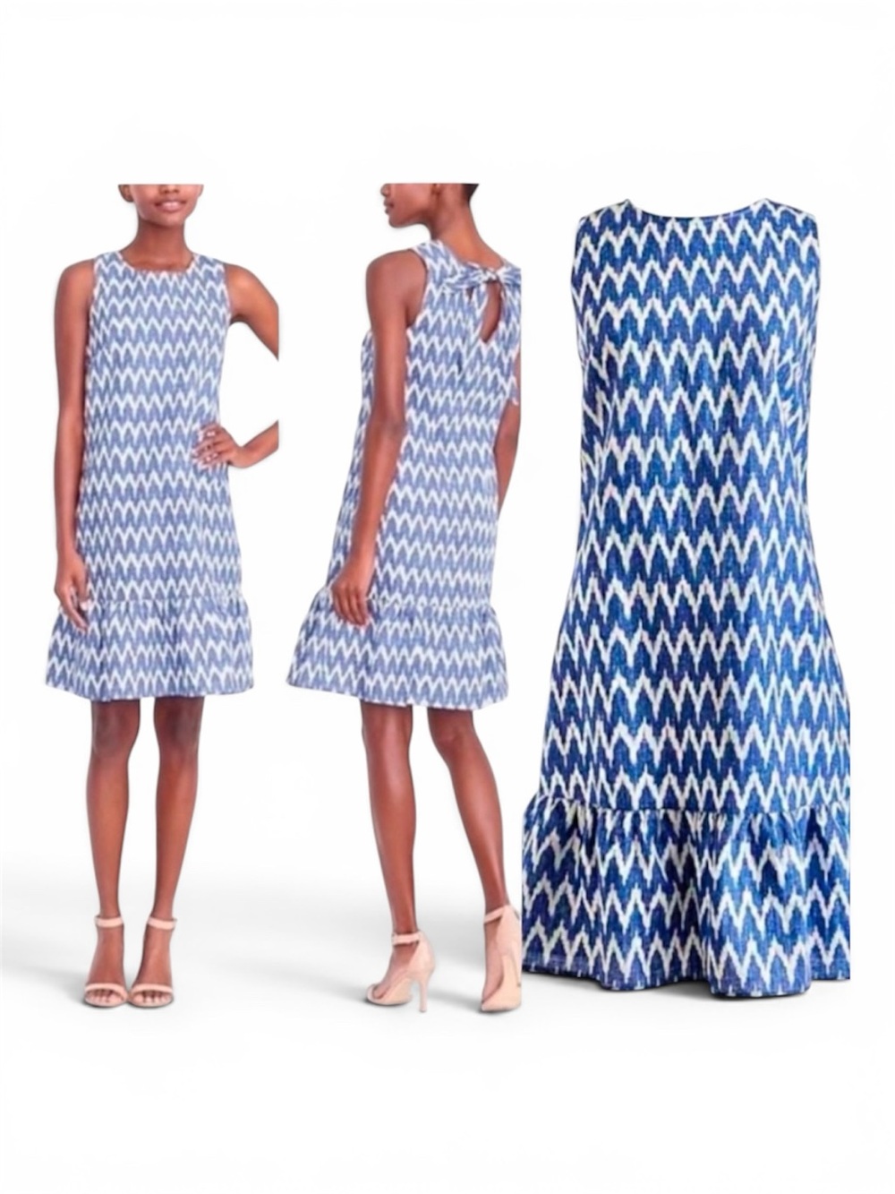 J Crew Factory Dress Back Bow Sleeveless Blue White Chevron XS